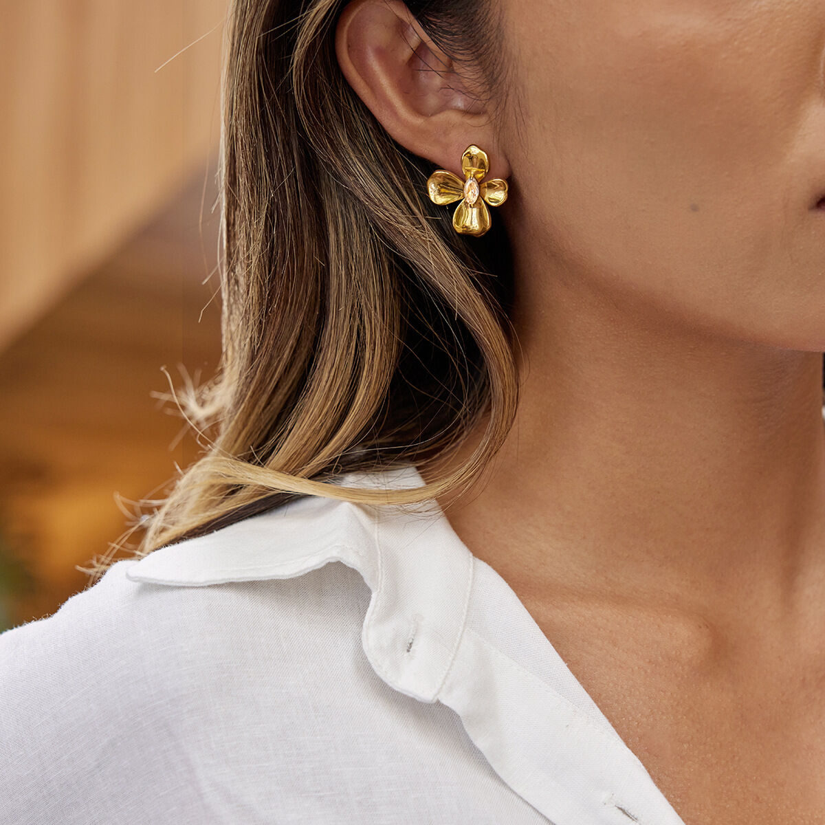 1 Pair Dazzling Flower Stainless Steel Waterproof Gold Color Zircon Women's Stud Earrings h5 Picture4