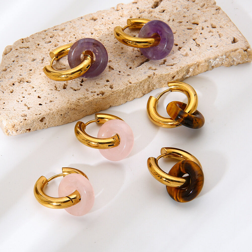 1 Pair Retro Natural Stone Stainless Steel Gold Color Drop Earrings h5 Picture3