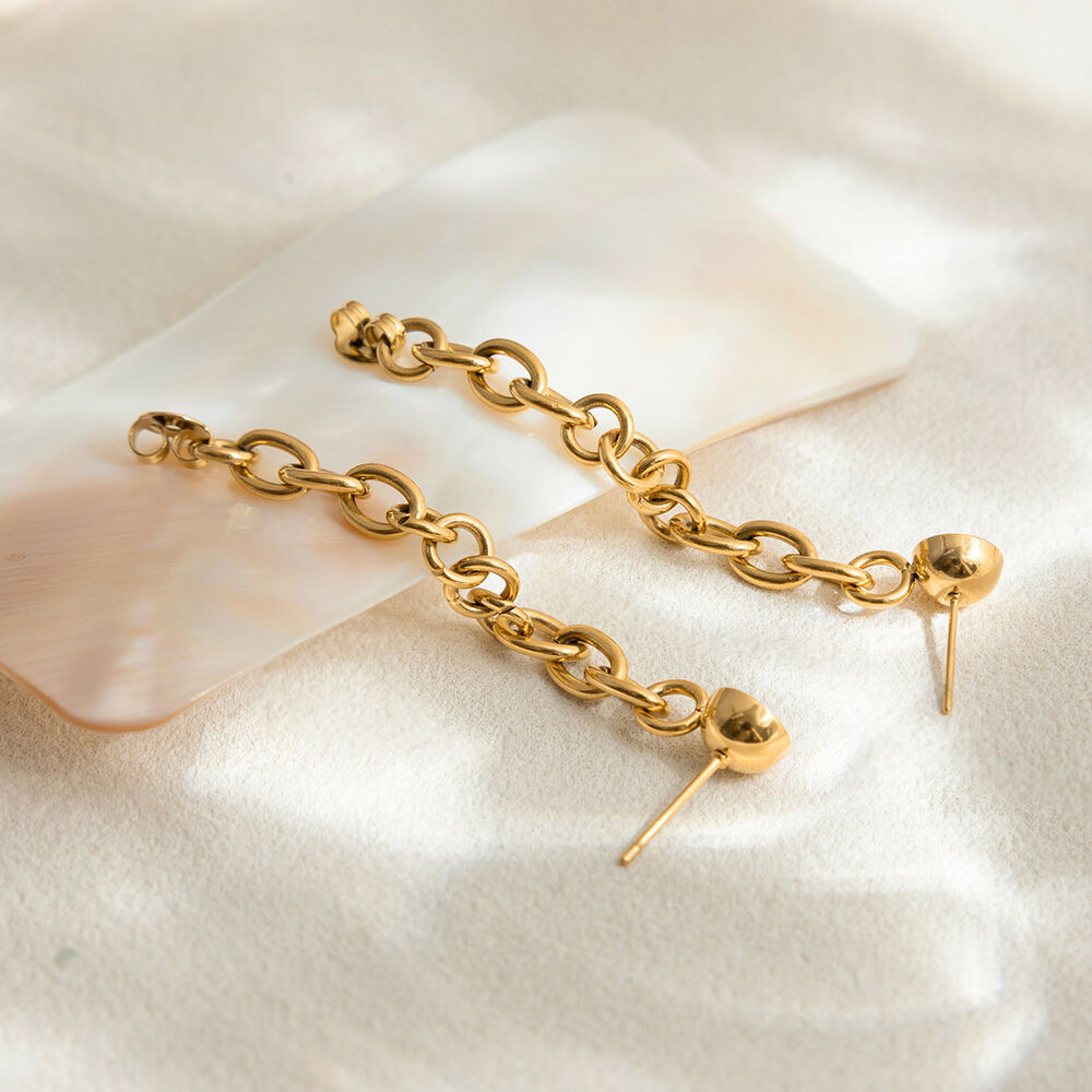 1 Pair Classic Chain Stainless Steel Waterproof Gold Color Zircon Women's Dangle Earrings h5Picture6