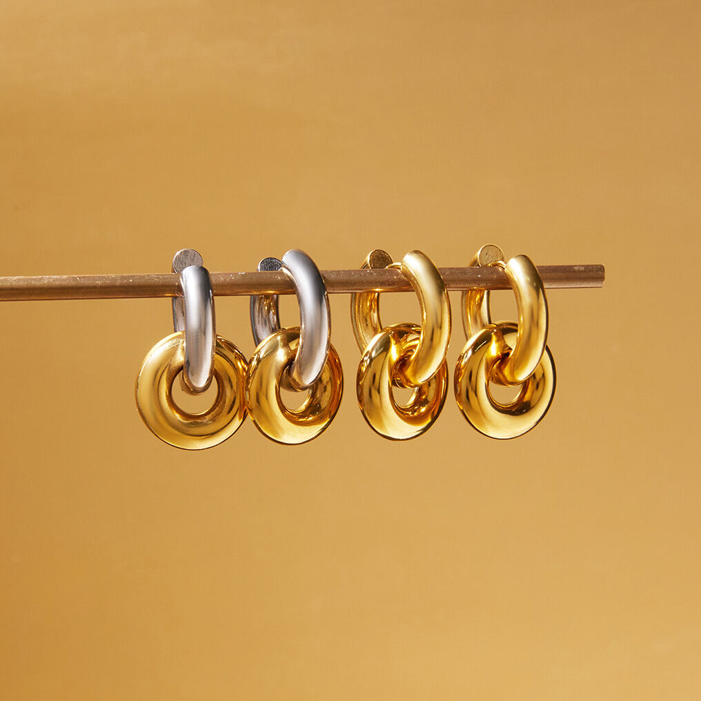 1 paio di orecchini pendenti da donna in acciaio inossidabile, moderni, color oro e argento 2