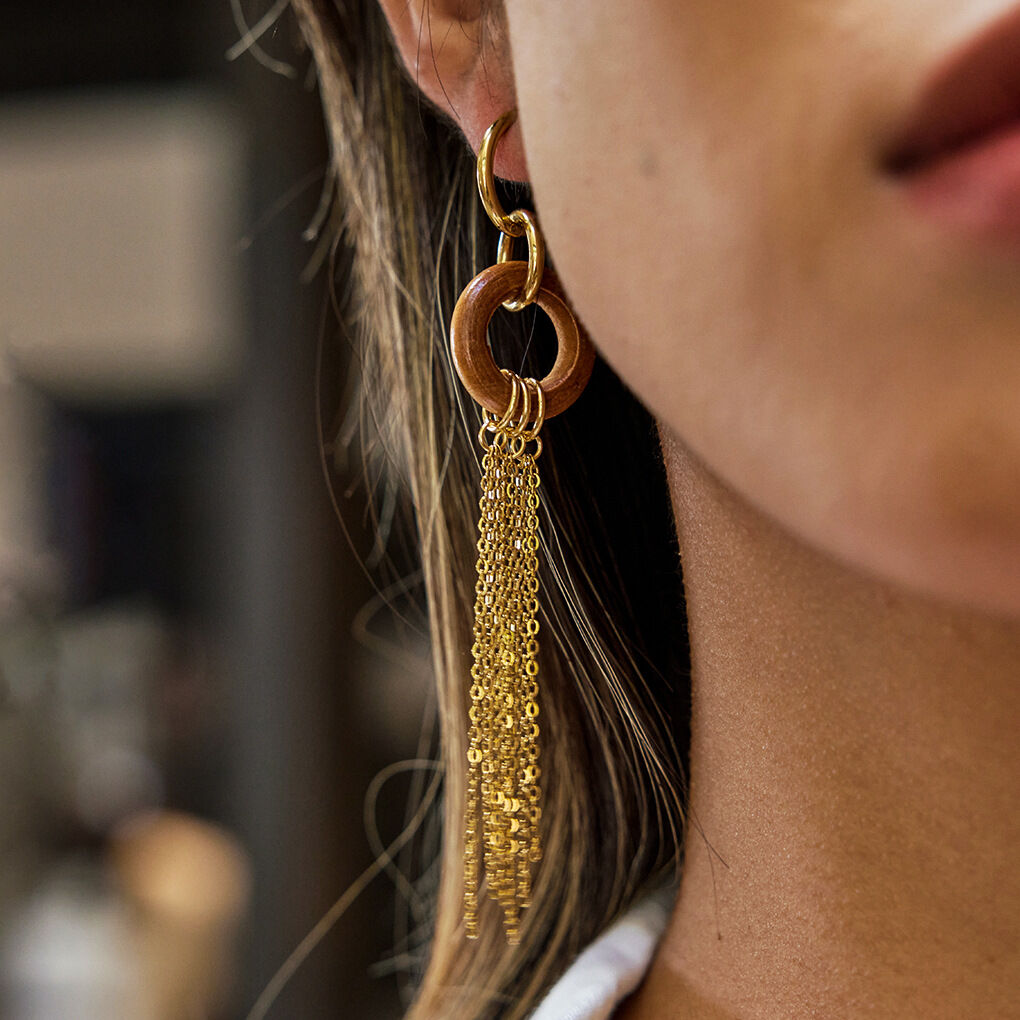 1 Pair Classic Tassel Woody Circle Stainless Steel Waterproof Gold Color Women's Dangle Earrings