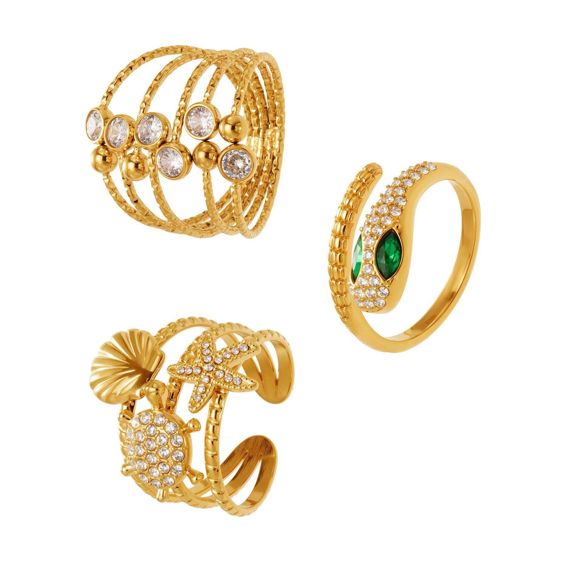 1 Piece Sparkling Snake Titanium Steel Gold Color Zircon Women's Gemstone Rings h5 Picture6