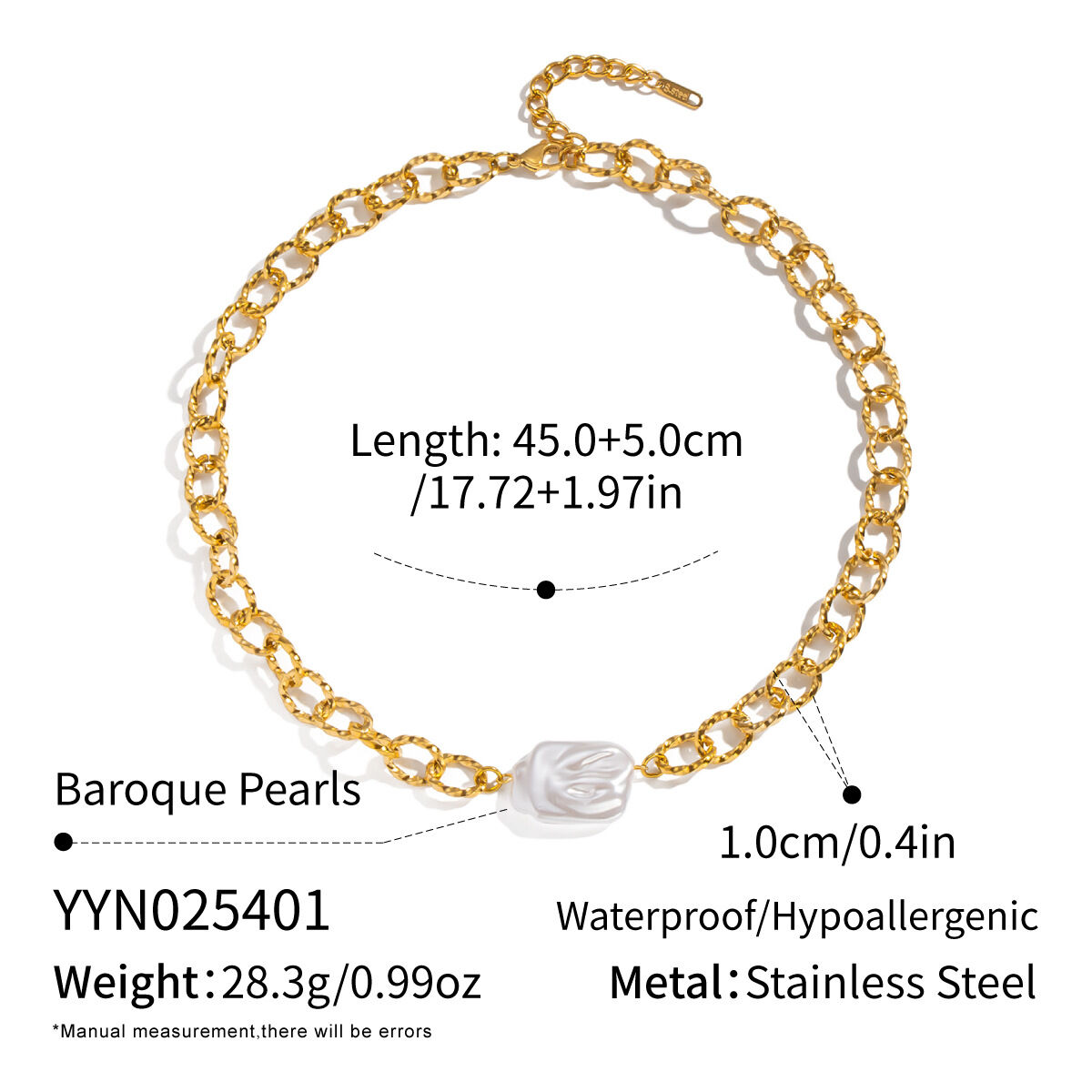 1 Piece Chain Stainless Steel Waterproof Gold Color Pearl Pendant Necklace