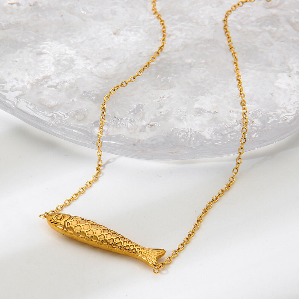 1 Piece Classic  Retro Fish Stainless Steel Waterproof   Gold Color  Women's Pendant Necklaces