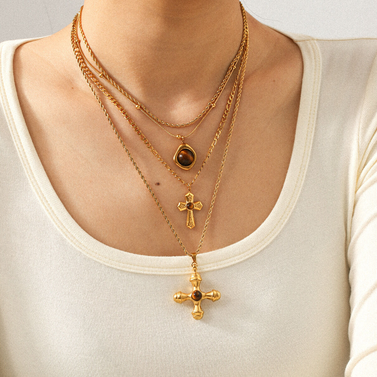 1 Piece Retro Cross Stainless Steel Waterproof Gold Color Natural Stone Pendant Necklace Picture4