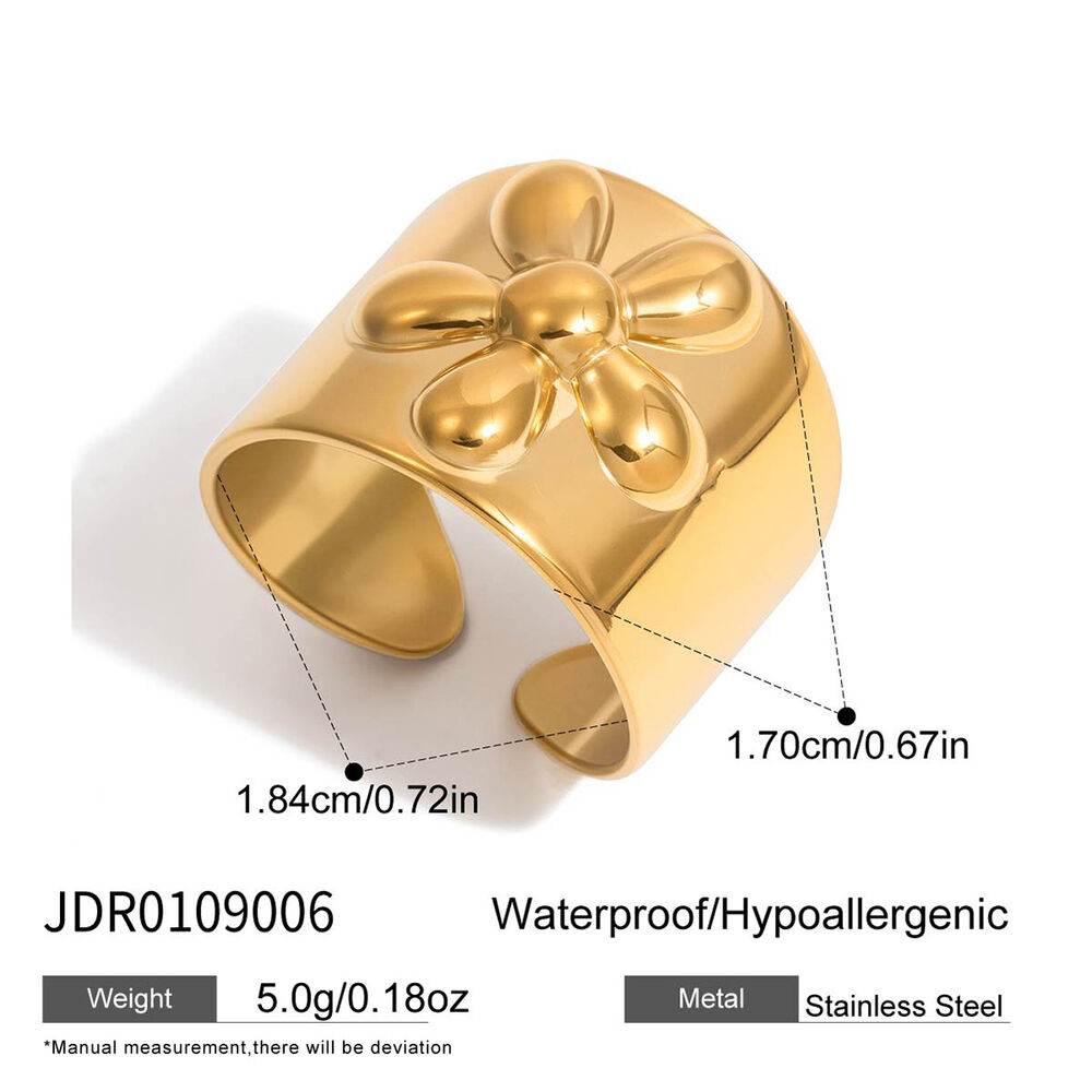 1 stuk prachtige statement ring van roestvrij staal met bloemenpatroon, waterdicht en goudkleurig. h5Afbeelding2