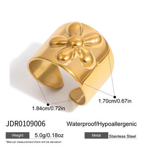 1 stuk prachtige statement ring van roestvrij staal met bloemenpatroon, waterdicht en goudkleurig. h5 Afbeelding2