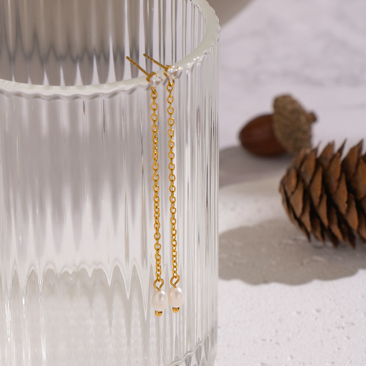 1 Pair Romantic Stainless Steel Waterproof Gold Color  Zircon Pearl Dangle Earrings Picture3