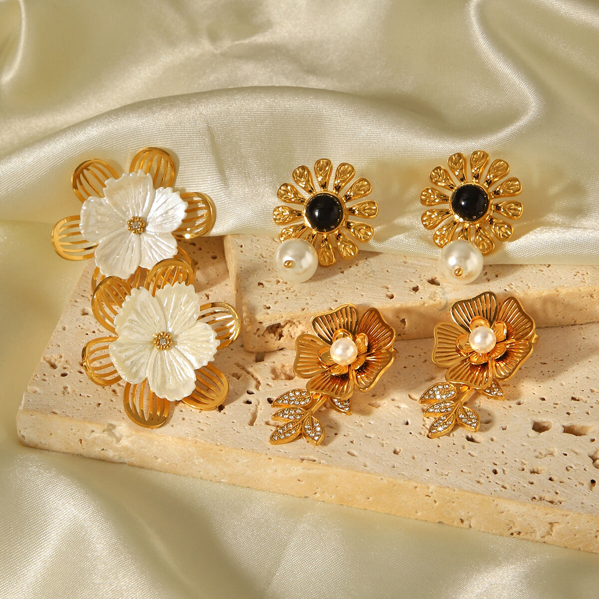 1 Pair Flower Stainless Steel Waterproof Gold Color Drop Earrings Picture3