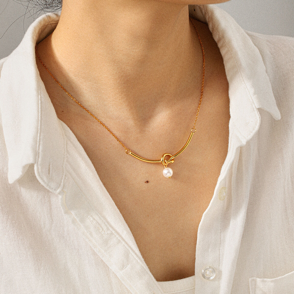 1 Piece Twist Stainless Steel Waterproof Gold Color Pearl Pendant Necklace h5 Picture5