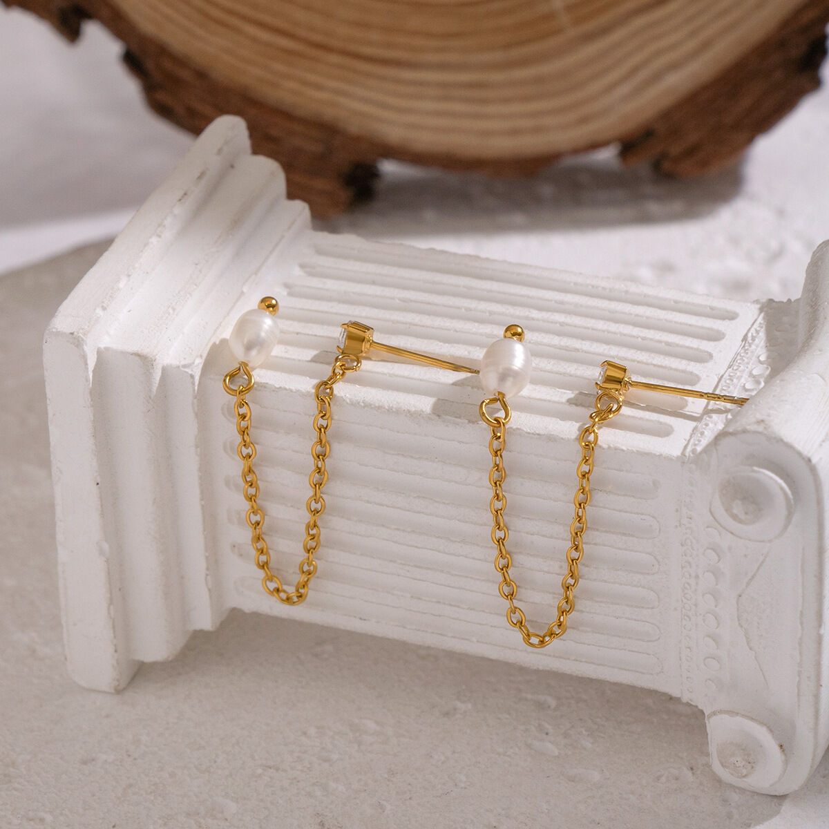 1 Pair Romantic Stainless Steel Waterproof Gold Color  Zircon Pearl Dangle Earrings h5 Picture2