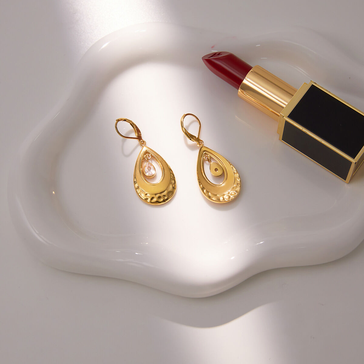 1 Pair Lustrous Droplet Stainless Steel Waterproof Gold Color Zircon Women's Drop Earrings Picture4