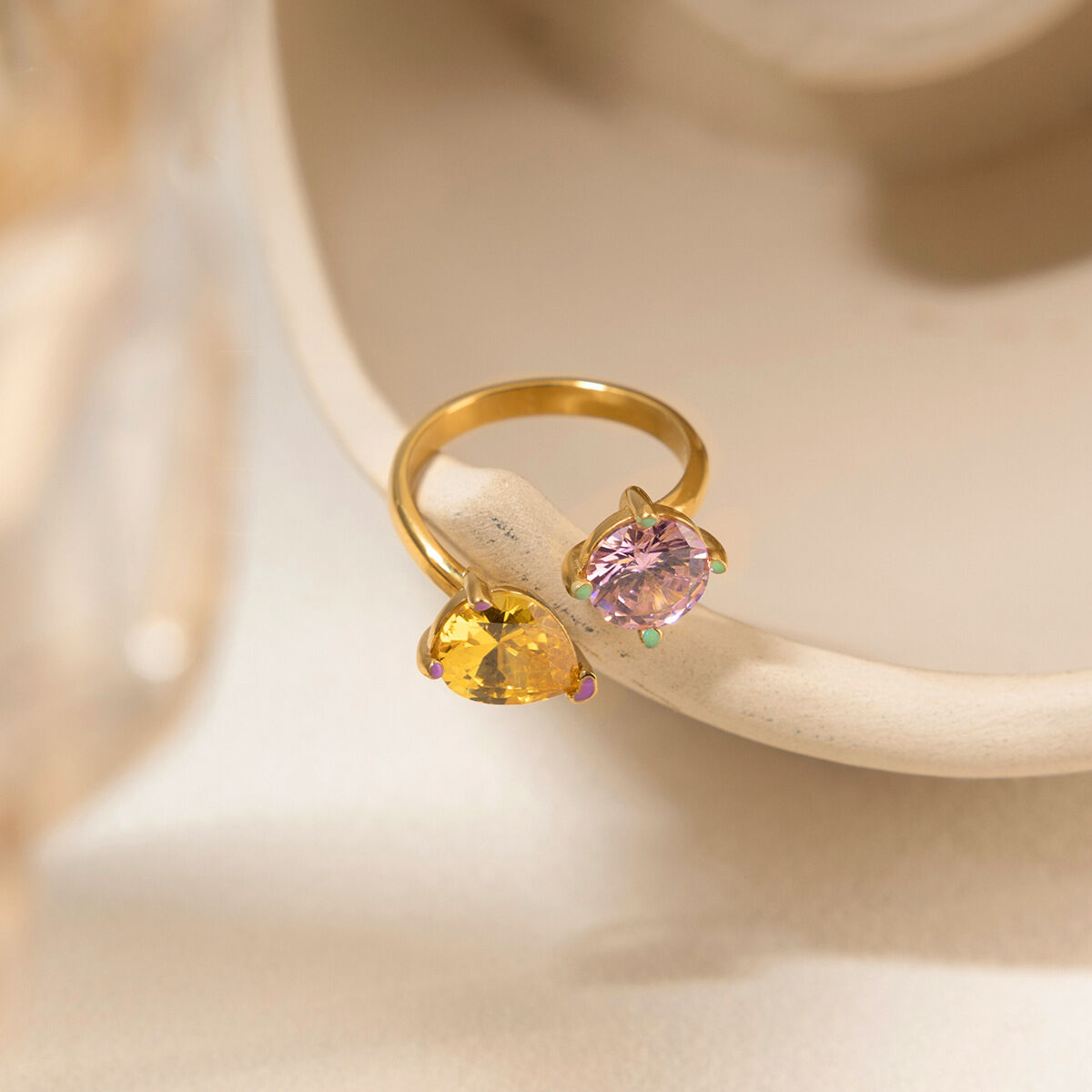 1 Piece Colorful Droplet Stainless Steel Waterproof Gold Color Zircon Women's Gemstone Rings h5Picture6