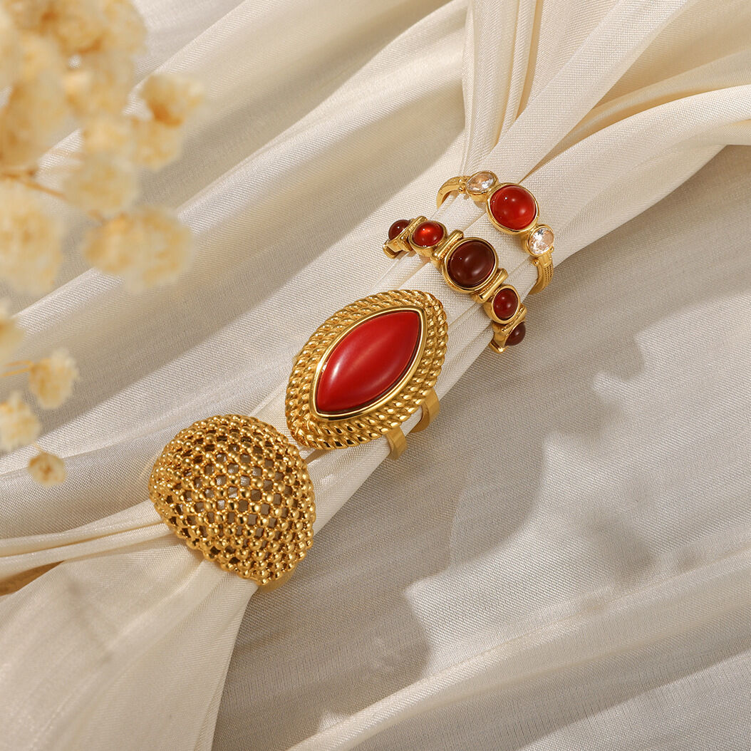 1 Piece Red Natural Stone Irregular Shape Stainless Steel Waterproof Gold Color Statement Rings Picture3