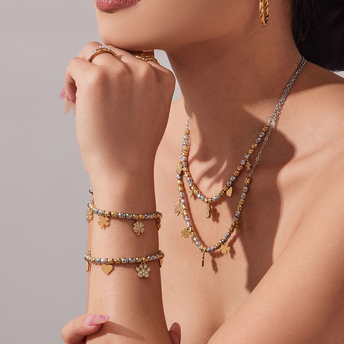 Delicated Mixed Gold Color And Silver Colors Titanium Steel Zircon Women's Jewelry Sets h5 Picture2