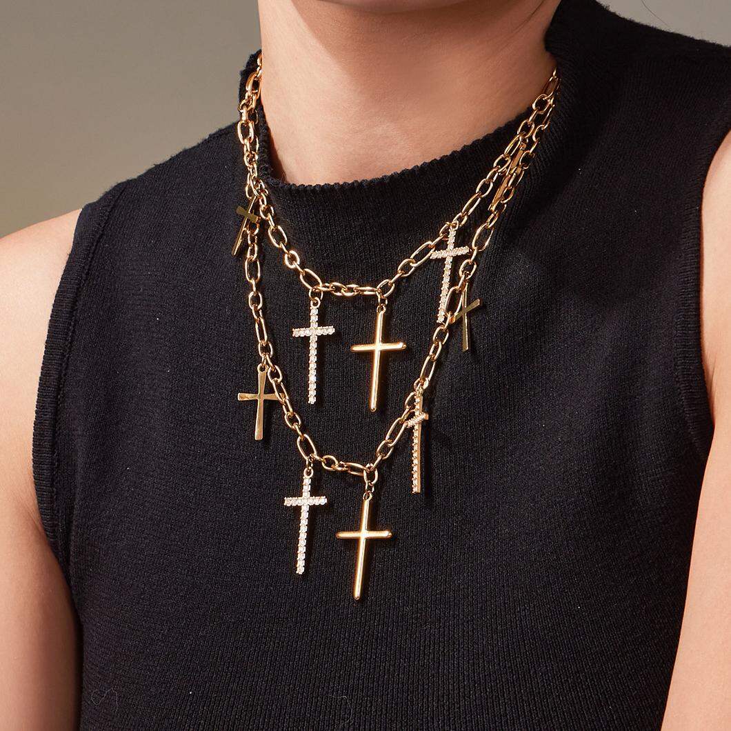 1 Piece Exquisite Cross Chain Stainless Steel Waterproof Gold Color Zircon Women's Pendant Necklaces