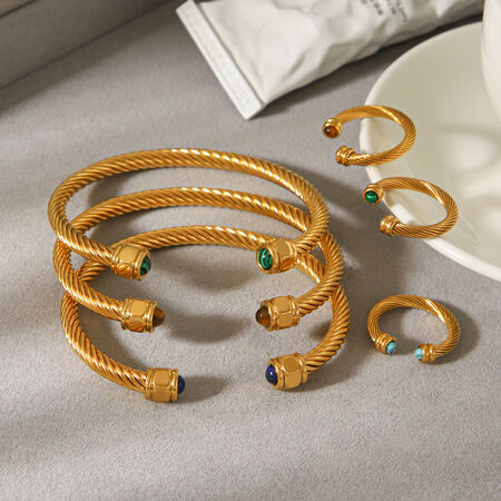 Stainless Steel Waterproof Gold Color Natural Stone Cuff Bracelet Set 2