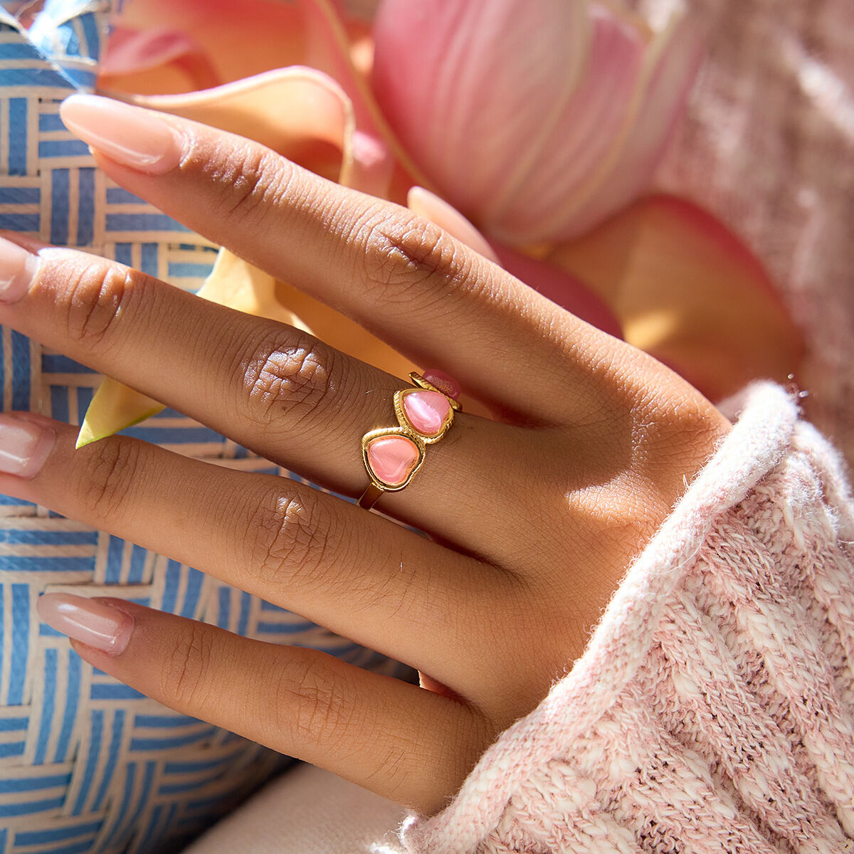 1 Piece Romantic Pink Heart Stainless Steel Waterproof Gold Color Statement Rings 2