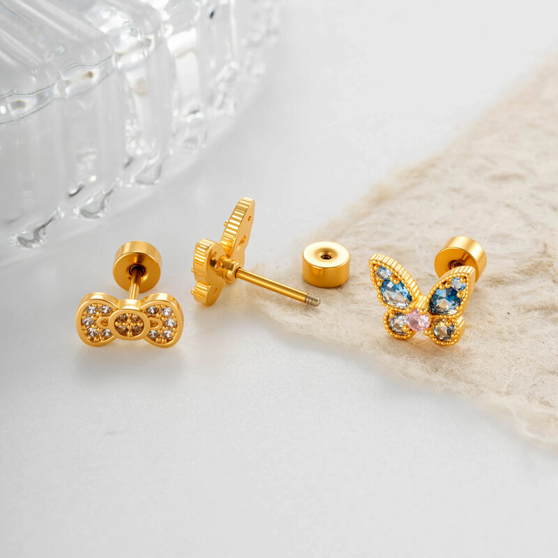 Orecchini da piercing da donna con nodo a fiocco, color rame e oro, in zircone 2