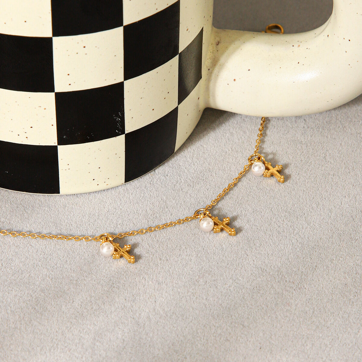 1 Piece Cross Stainless Steel Waterproof Gold Color Pearl Charm Bracelet Picture3