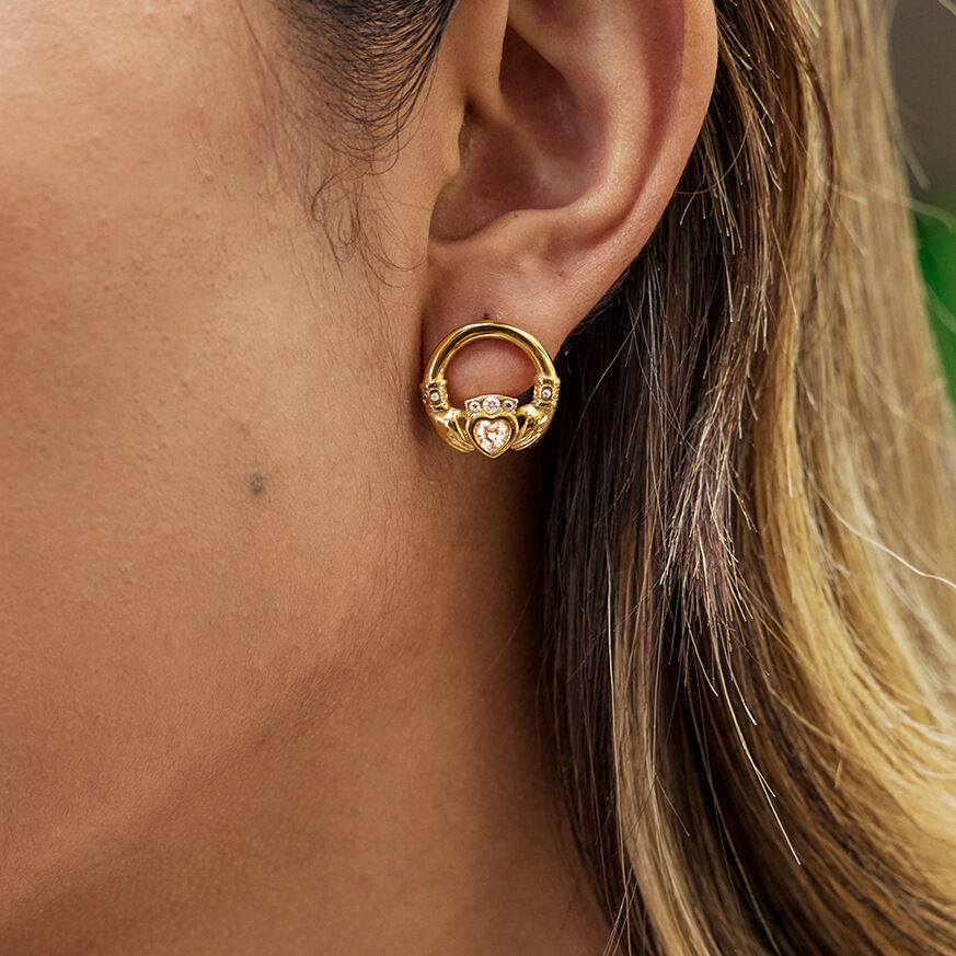 1 paio di orecchini a bottone da donna in acciaio inossidabile con zirconi color oro, a forma di mano e cuore, stile romantico h5Immagine3