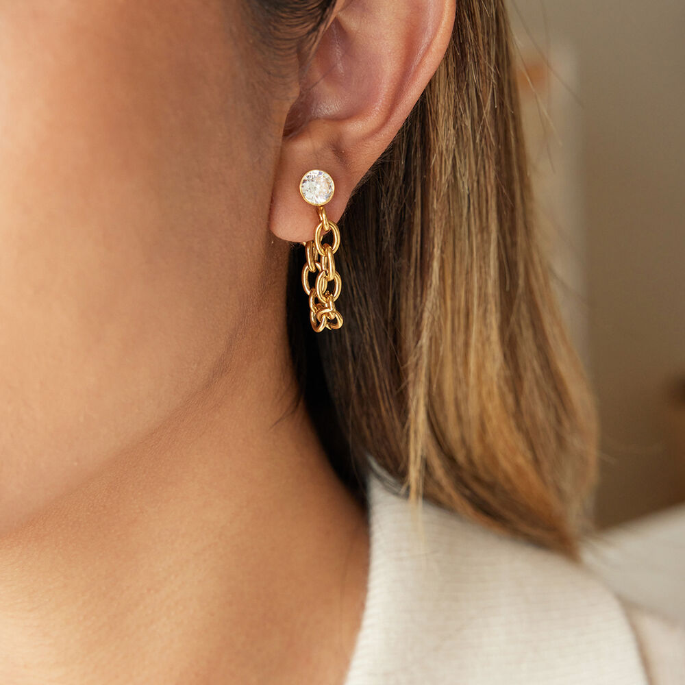 1 Pair Classic Chain Stainless Steel Waterproof Gold Color Zircon Women's Dangle Earrings h5Picture4