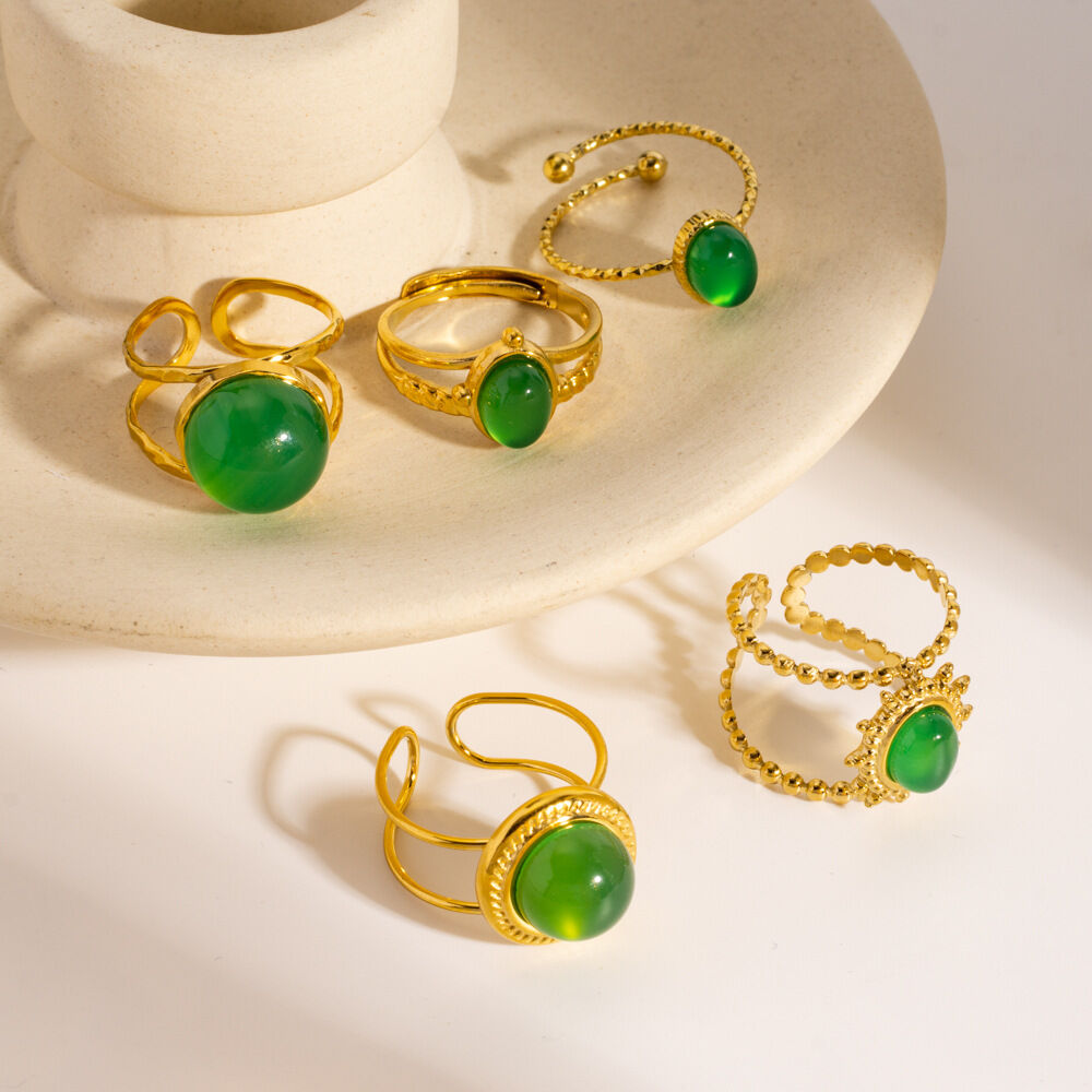 1 Piece Light Luxury  Elegant Green Agate Stainless Steel Waterproof Women's Gemstone Rings h5 Picture3