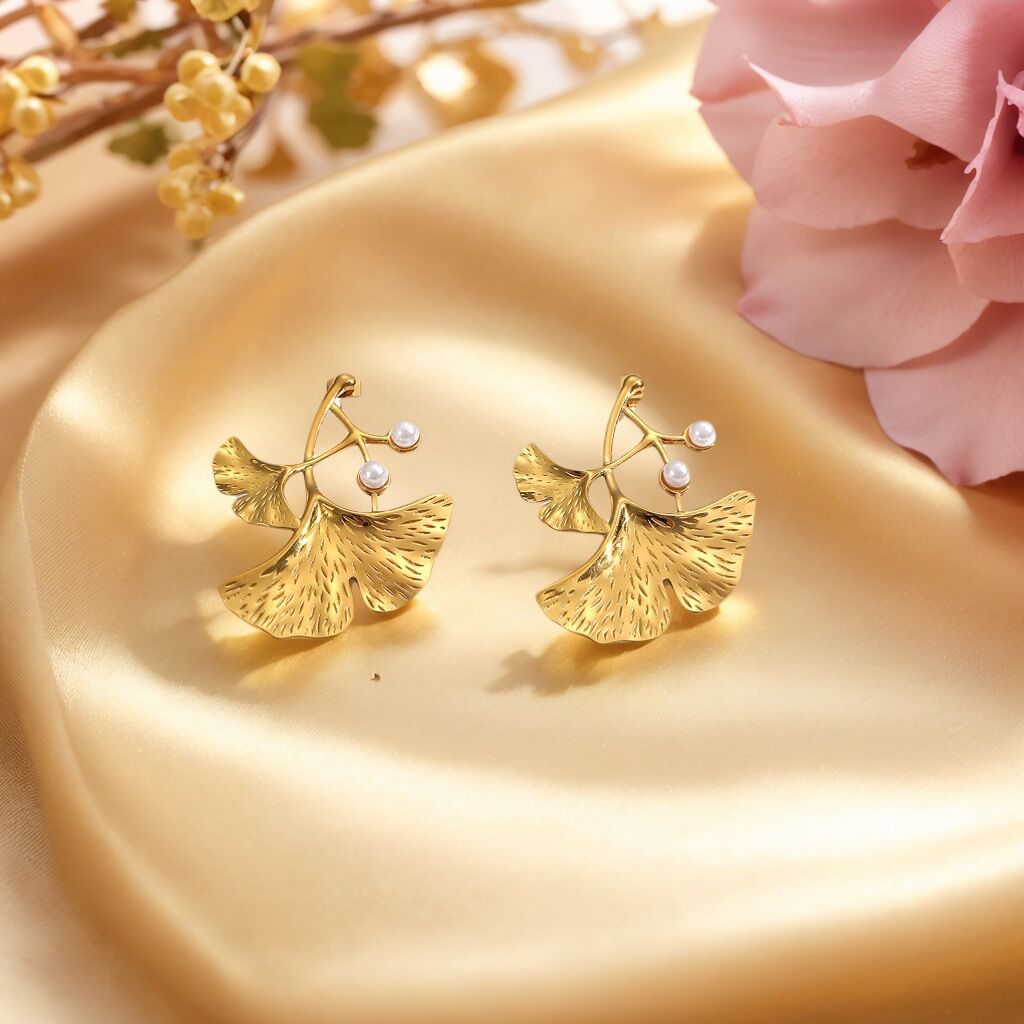 1 Pair Retro Leaf Stainless Steel Waterproof Gold Color Pearl Stud Earrings Picture3