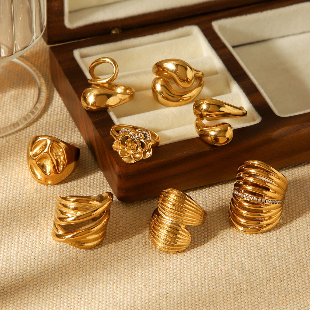 Anello da 1 pezzo in acciaio inossidabile con forma irregolare, impermeabile, color oro 2