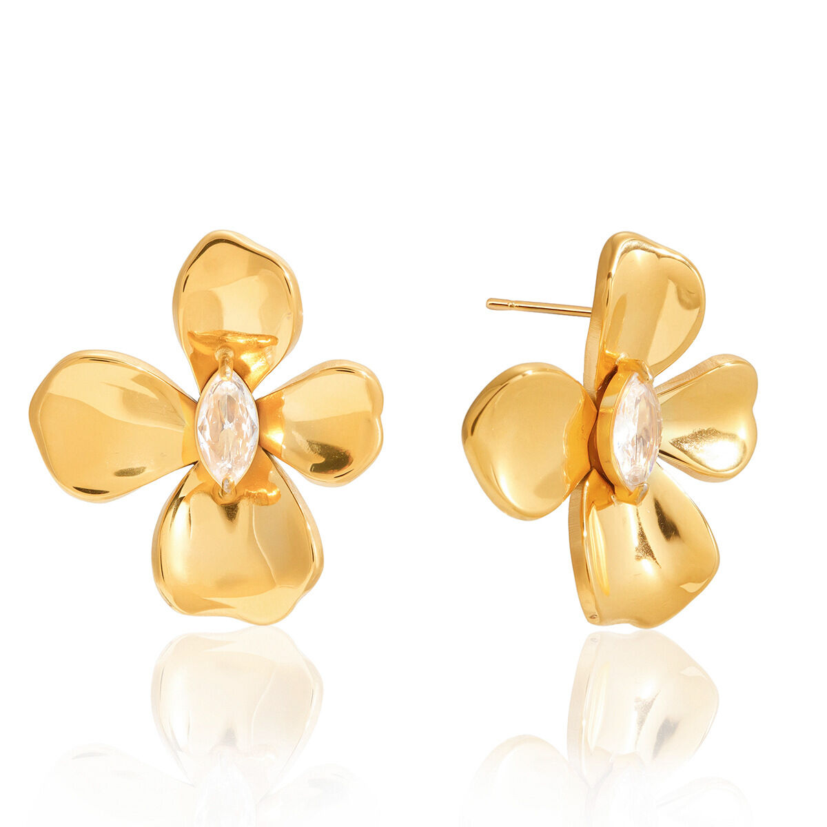 1 Pair Dazzling Flower Stainless Steel Waterproof Gold Color Zircon Women's Stud Earrings h5 