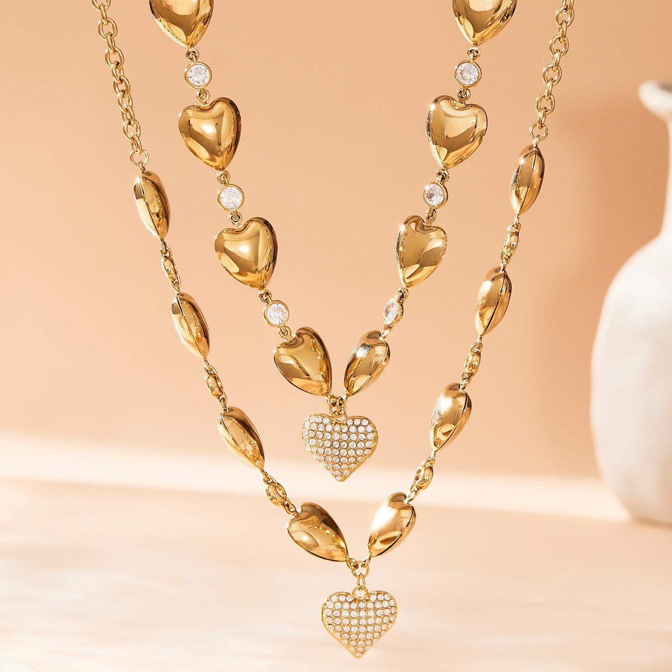 1 Piece Luxurious Multiple Heart Stainless Steel Waterproof Gold Color Zircon Women's Pendant Necklaces