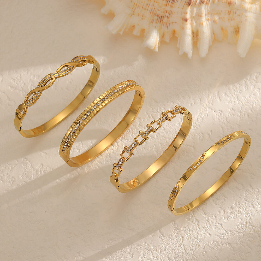 Bracelet classique en acier inoxydable étanche, couleur or, orné de strass (1 pièce) 2