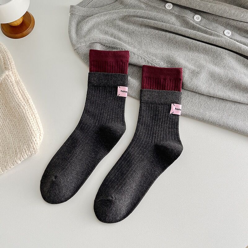 1 Piar Designer Color - Contrast Double Ribbed Top Cotton Mid-Calf Socks 