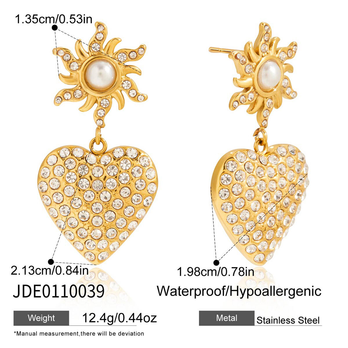 1 Pair Romantic Heart&Sun Stainless Steel Waterproof Gold Color Women's Drop Earrings h5Picture2