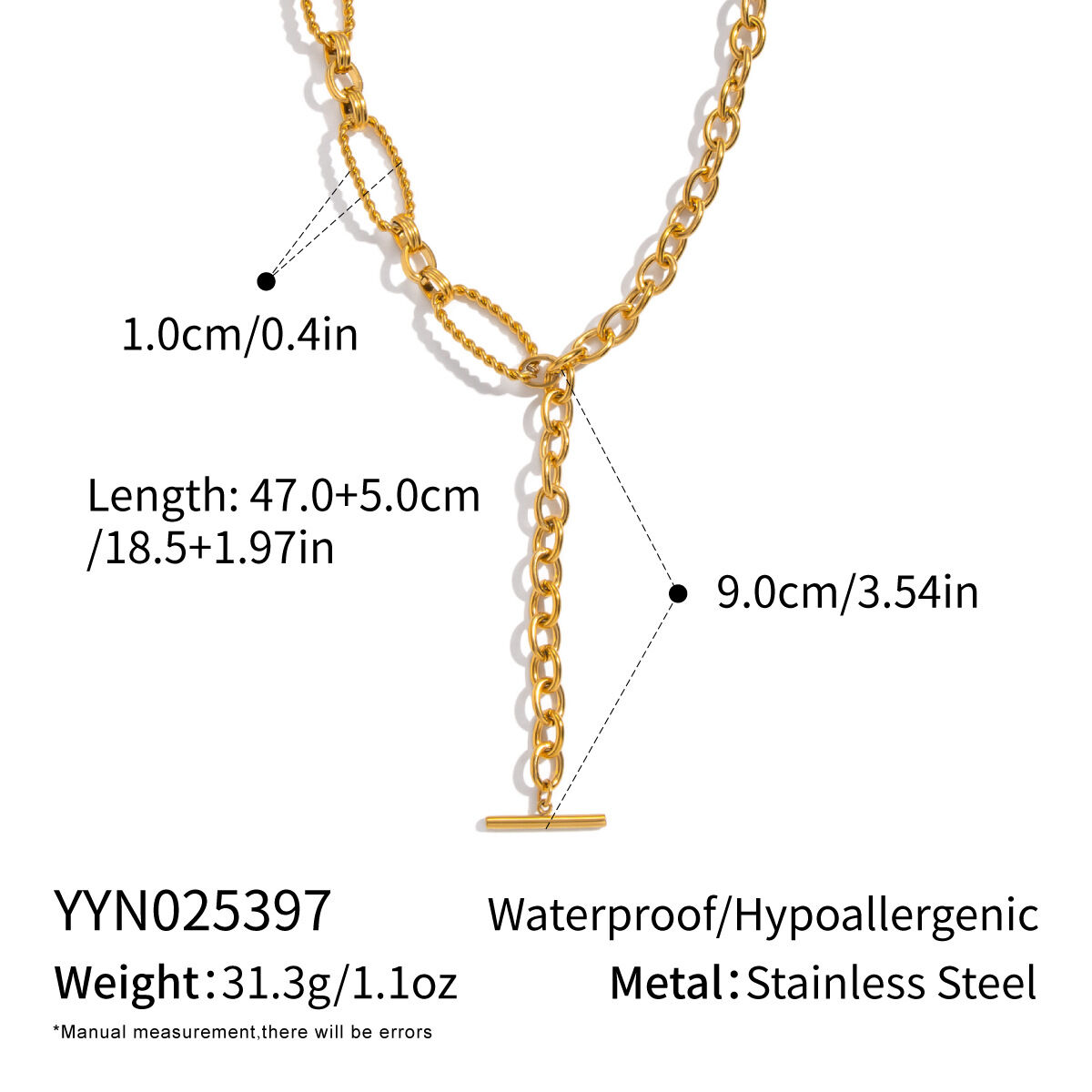 1 Stück lässige Y-förmige Halskette aus wasserdichtem Edelstahl in Goldfarbe h5 