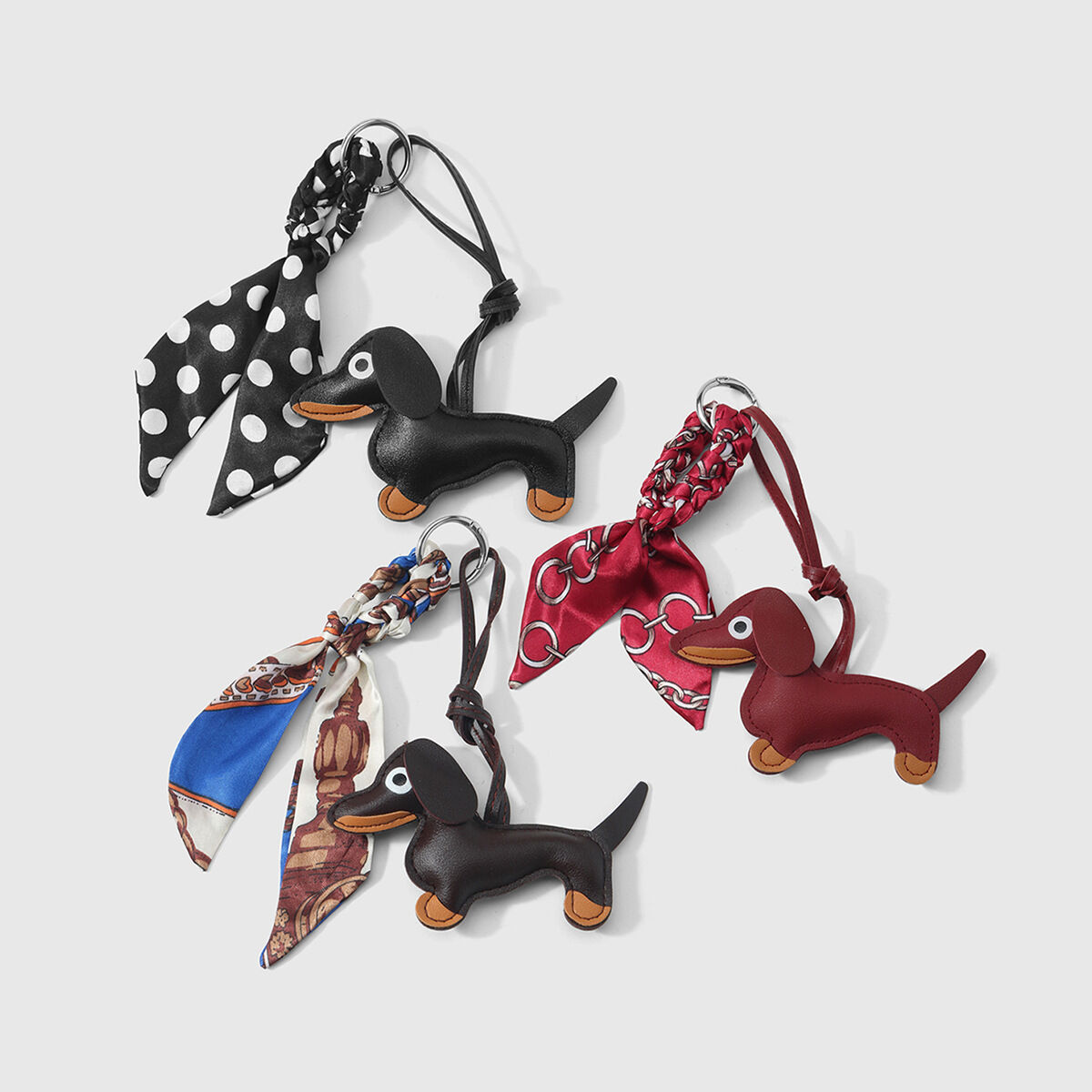 1 Piece Cute Handmade Knotted Silk Scarf Leather Dachshund DIY Bag Charm