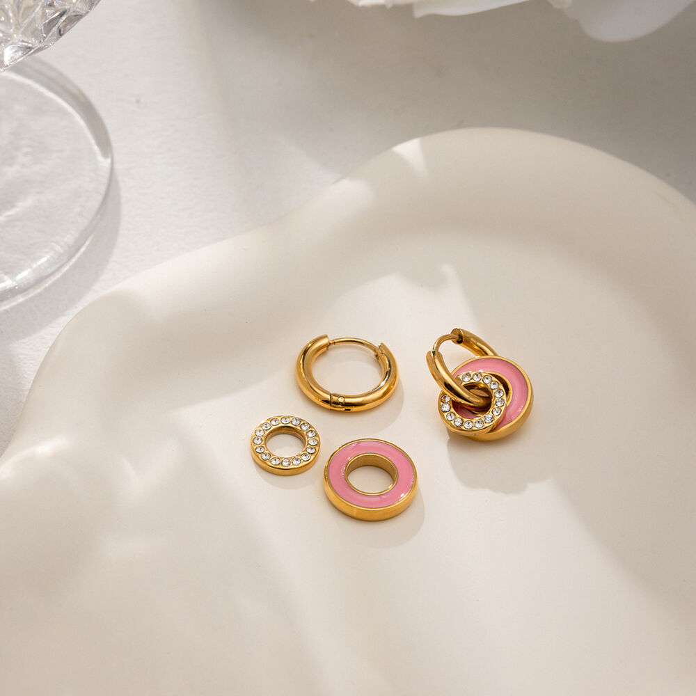 1 Pair Radiant Double Circle Stainless Steel Waterproof Gold Color Women's Drop Earrings h5Picture4