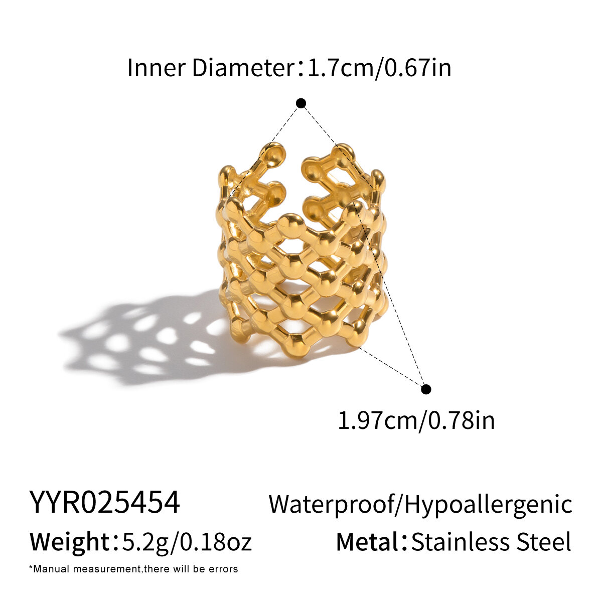 1 Piece Hollowed-out Stainless Steel Waterproof Gold Color Statement Ring 