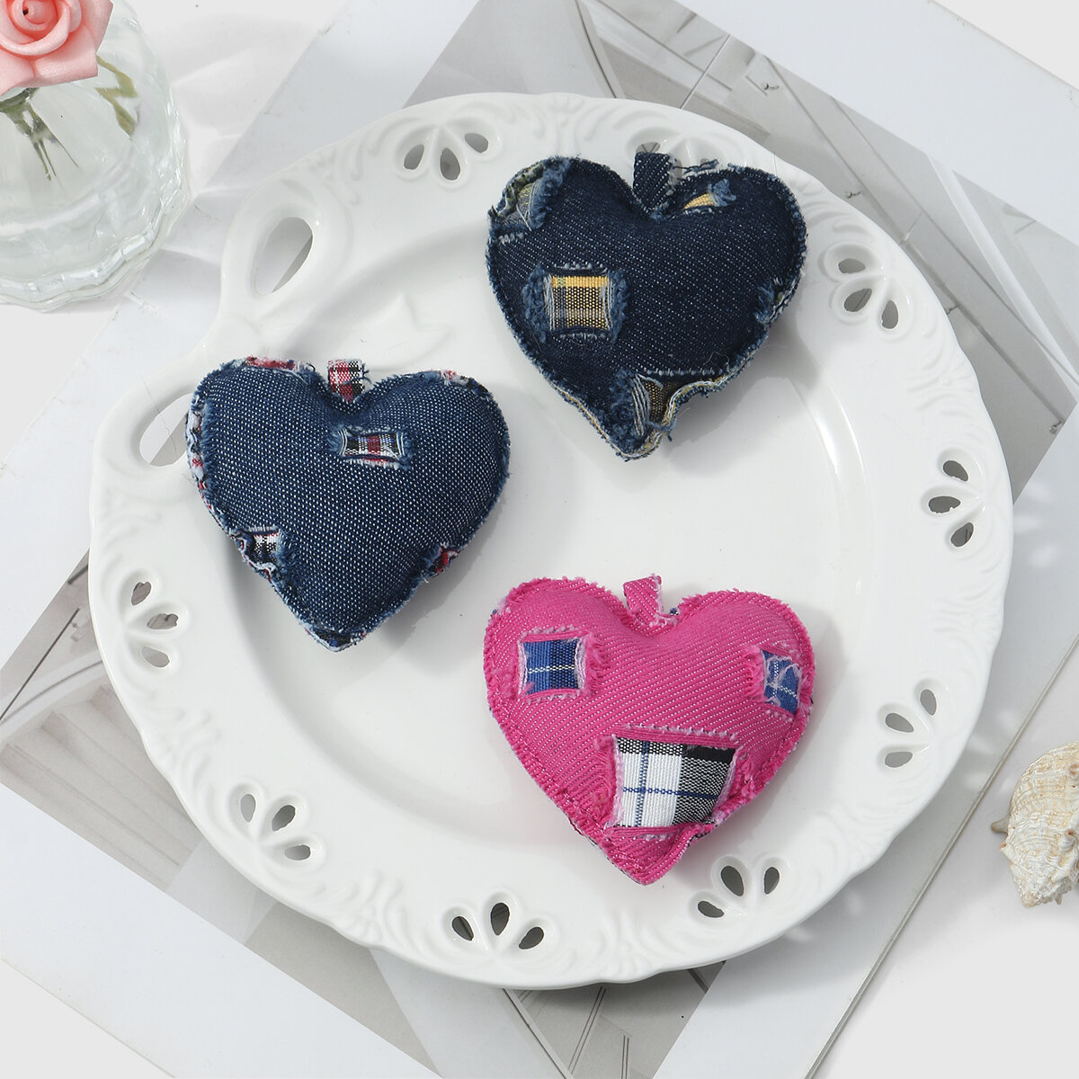 1 breloque de sac à main pour femme, motif cœur, imprimé léopard, carreaux, denim Image5