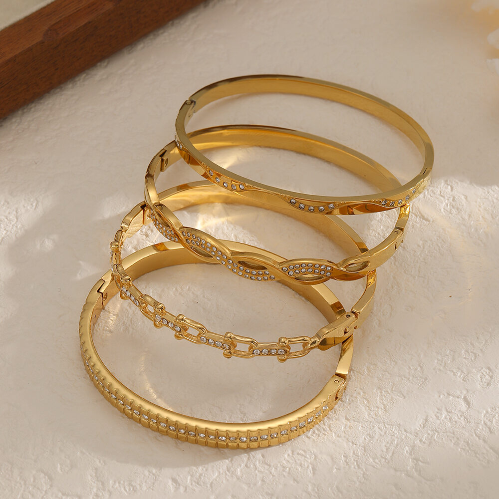 1 Piece Classic Stainless Steel Waterproof Gold Color Rhinestone Bangle h5 Picture3
