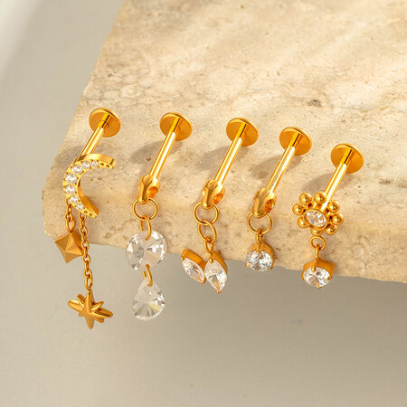 1 Stück zarte Ohrstecker für Damen in Form einer Blume mit Mondmotiv aus Titanlegierung in Goldfarbe mit Zirkonia