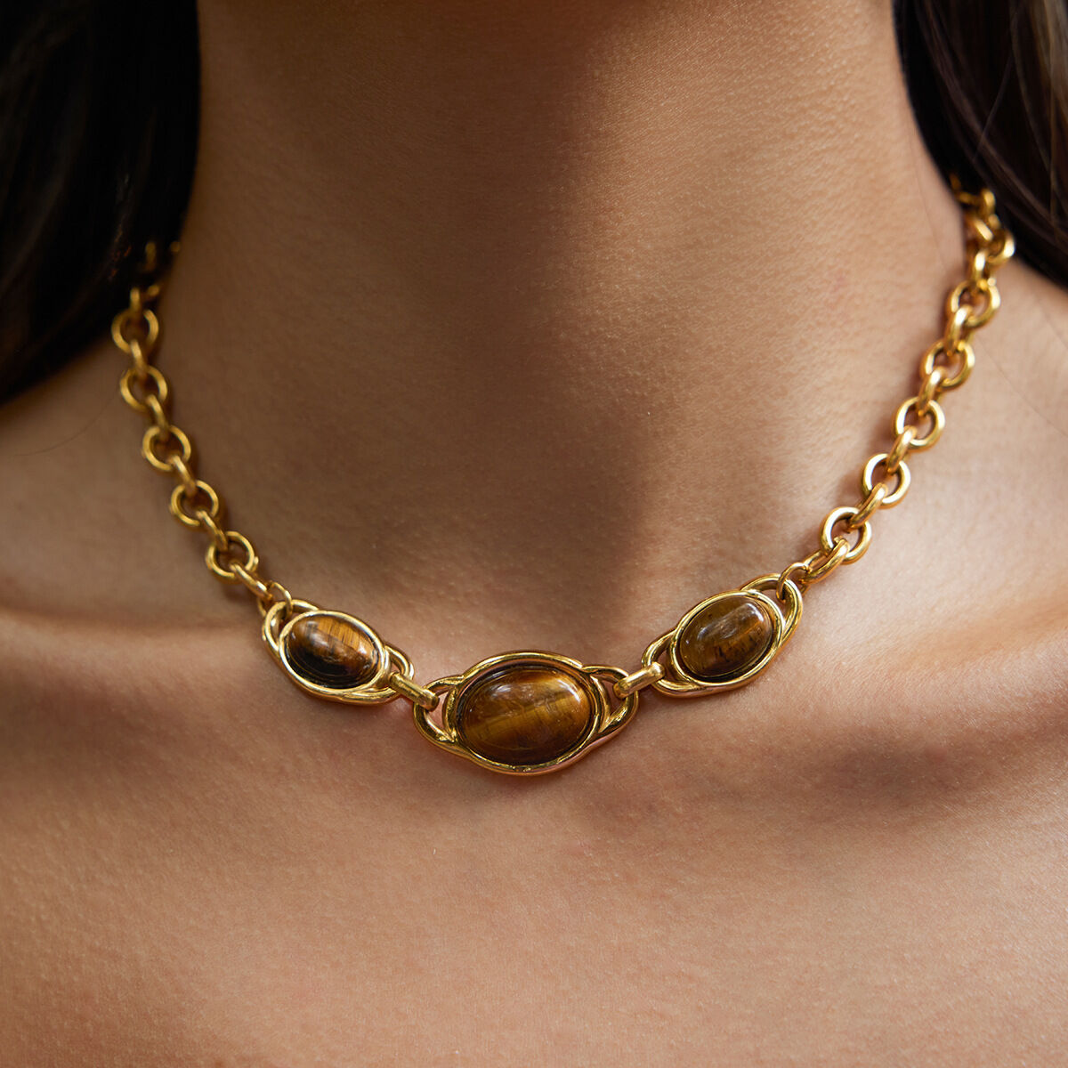 1 Piece Vintage Natural Stone Oval Stainless Steel Waterproof Gold Color Women's Pendant Necklaces Picture3