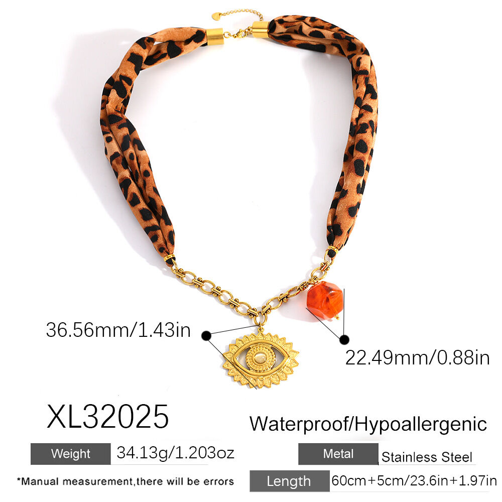 1 Piece Leopard Print Silk Scarf Devil's Eye Chain Stainless Steel Waterproof Women's Pendant Necklaces 