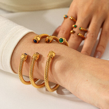 Stainless Steel Waterproof Gold Color Natural Stone Cuff Bracelet Set