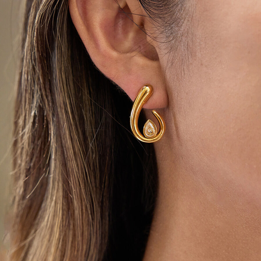1 Pair Gorgeouos Droplet Stainless Steel Waterproof Gold Color Zircon Women's Stud Earrings