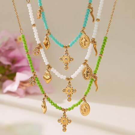 1 Piece Charming Cross Natural Stone Titanium Steel Gold Color Women's Beaded Necklaces