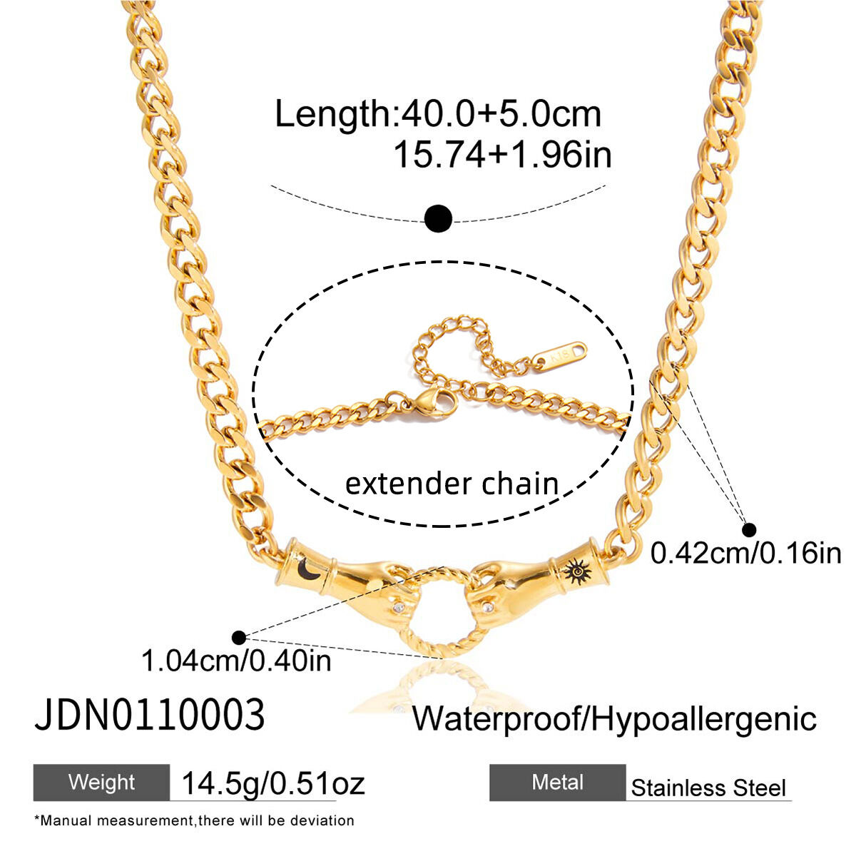 Collana a catena da donna in zircone color oro impermeabile in acciaio inossidabile con mani di lusso, 1 pezzo Immagine2
