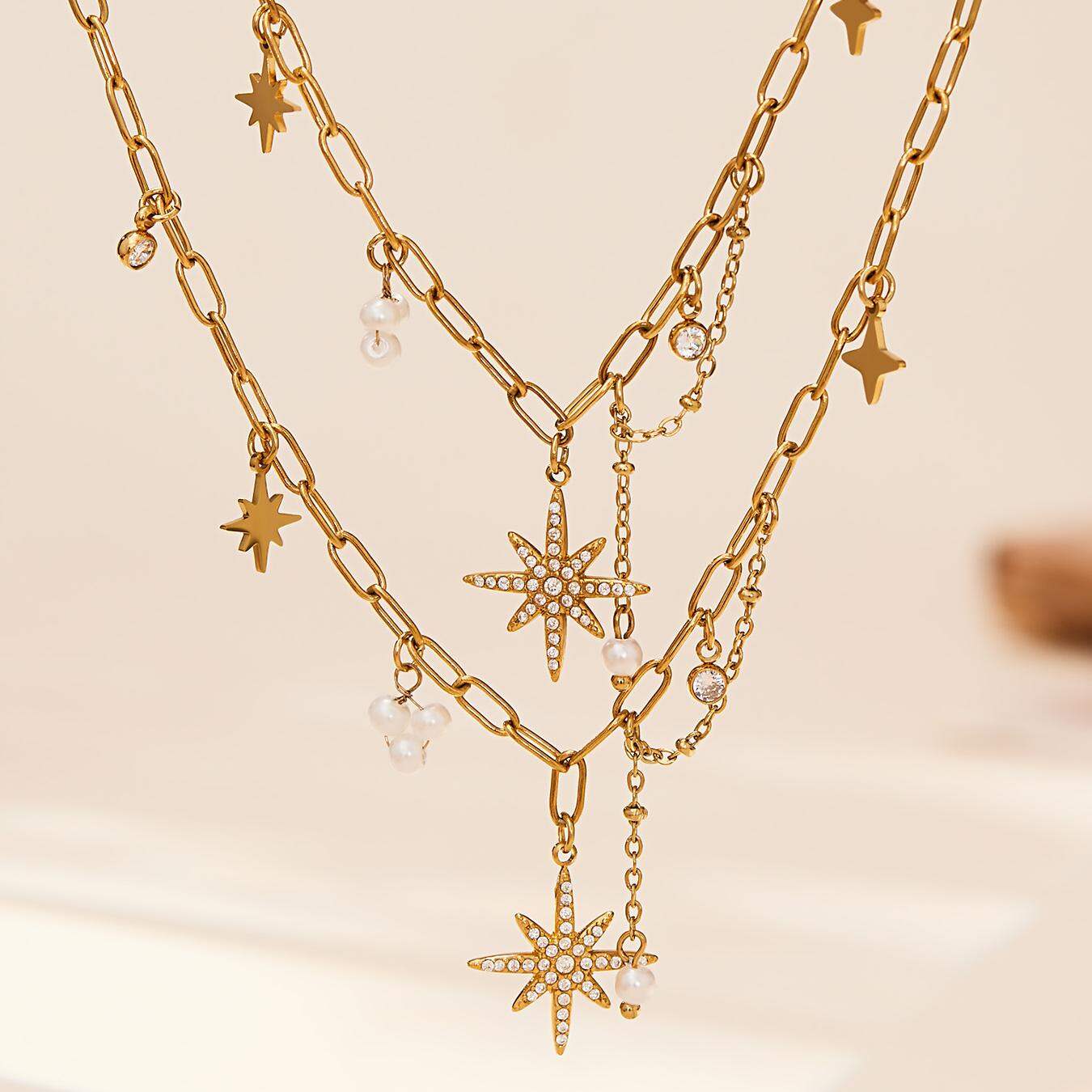 1 Piece Eight-pointed Star Stainless Steel Waterproof Gold Color Zircon Women's Pendant Necklaces