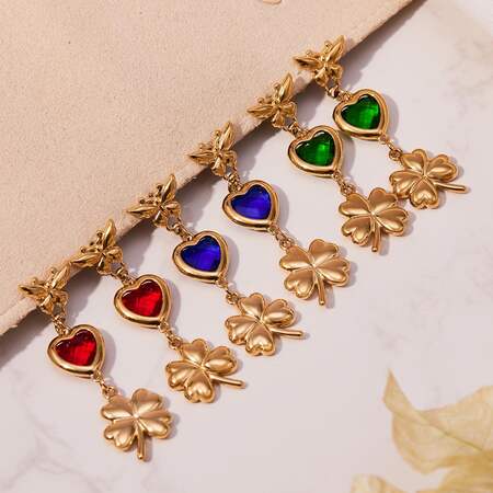 1 Pair Elegant Glass Heart&Clover Stainless Steel Waterproof Gold Color Women's Drop Earrings