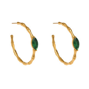 1 Pair Luxurious Green Glass Stainless Steel Waterproof Gold Color Women's Hoop Earrings h5